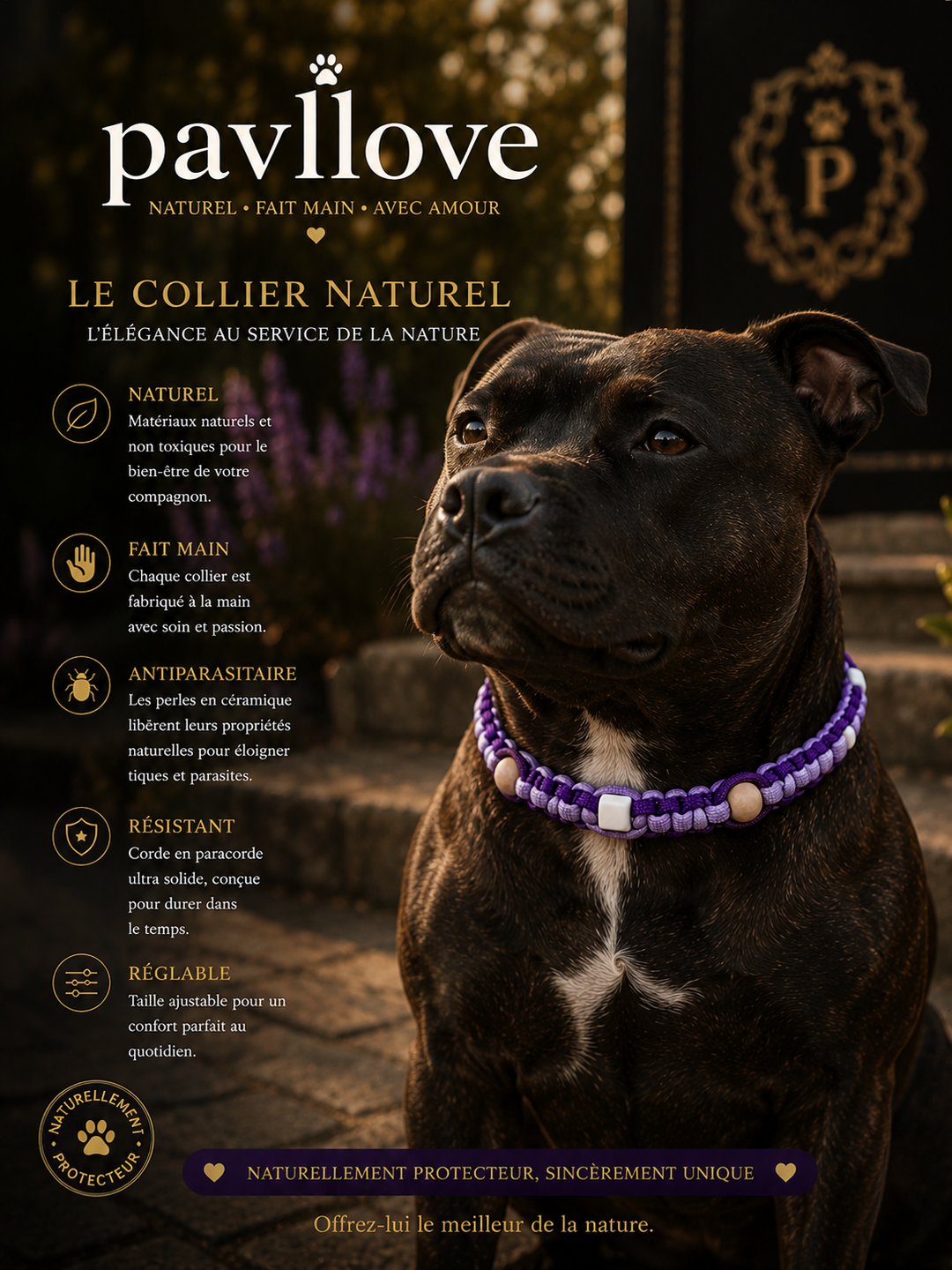 Collier Anti-Tiques & Antiparasitaire Naturel Chien et Chat, Fait Main en France, Perles de Céramique EM (Gamme Tréssée)
