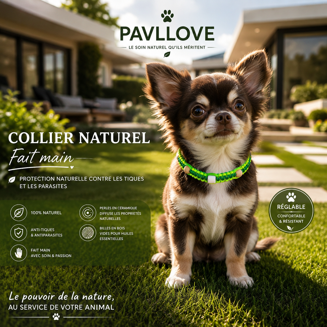 Collier Anti-Tiques & Antiparasitaire Naturel Chien et Chat, Fait Main en France, Perles de Céramique EM (Gamme Tréssée)