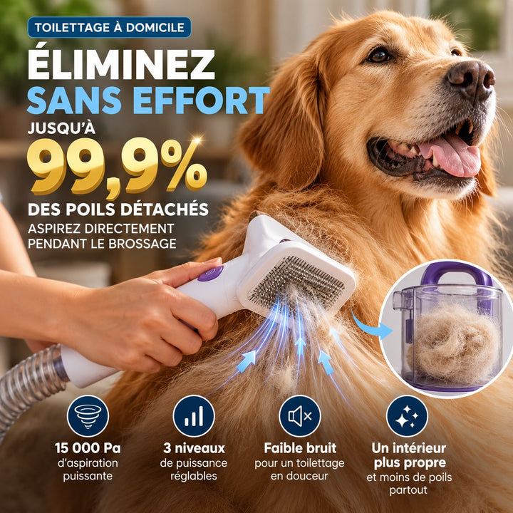 Aspirateur brosse pour chien et chat PAVLLOVE® 4-en-1 avec accessoires de toilettage, flexible et réservoir collecteur pour aspirer les poils morts à domicile.