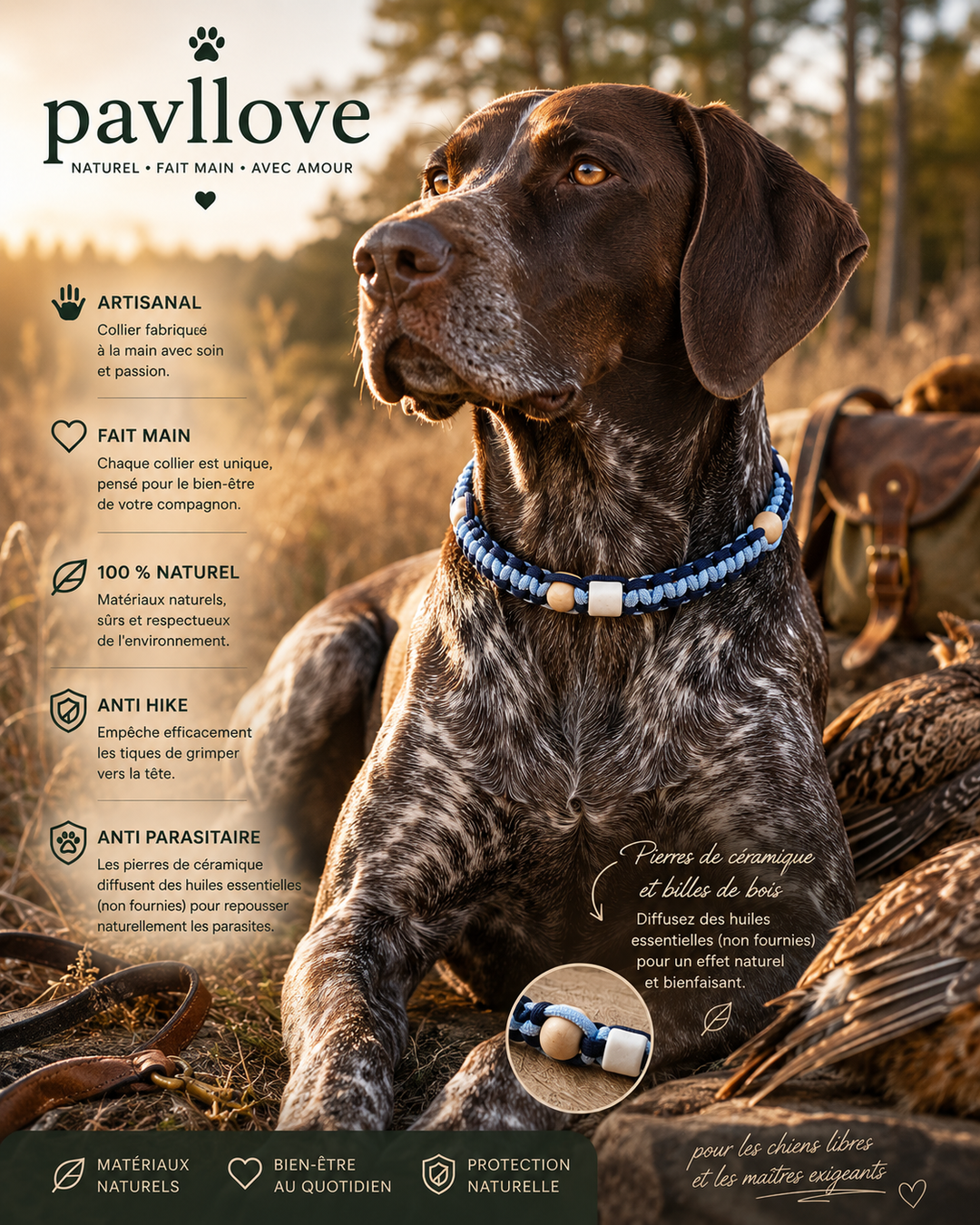 Collier Anti-Tiques & Antiparasitaire Naturel Chien et Chat, Fait Main en France, Perles de Céramique EM (Gamme Tréssée)