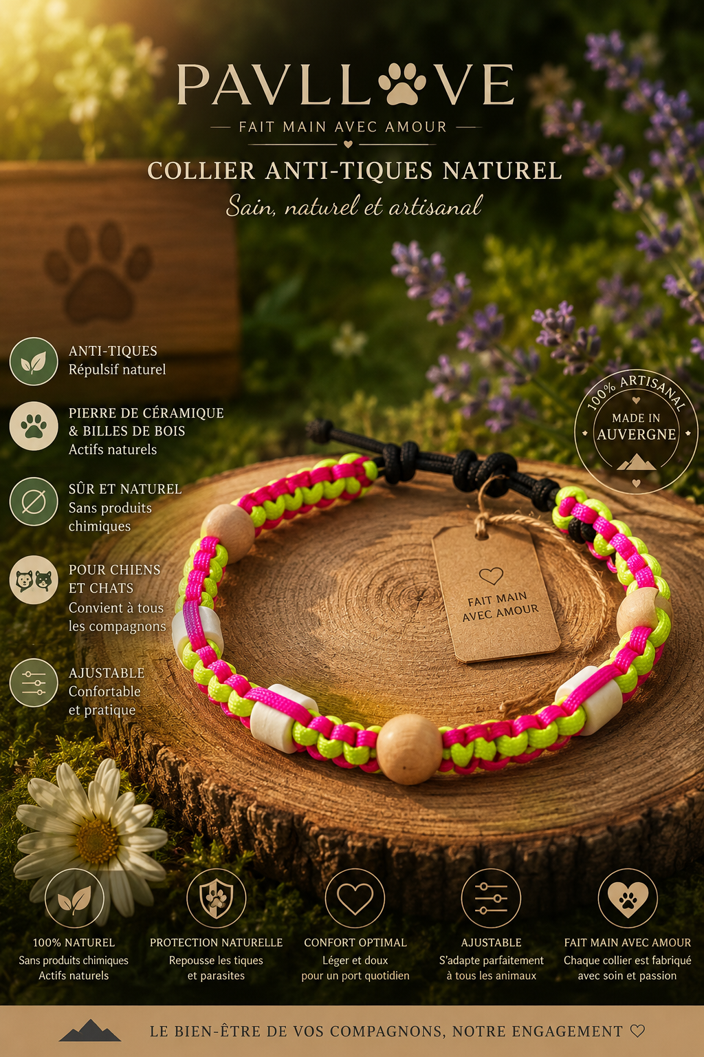 Collier Fluo Jaune & Rose Anti-Tiques & Antiparasitaire Naturel (Tréssée) avec Perles de céramique EM ⭐⭐⭐⭐⭐