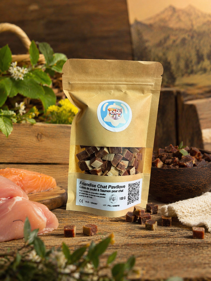 Cubes Poulet & Saumon pour chat 100g ⭐⭐⭐⭐⭐