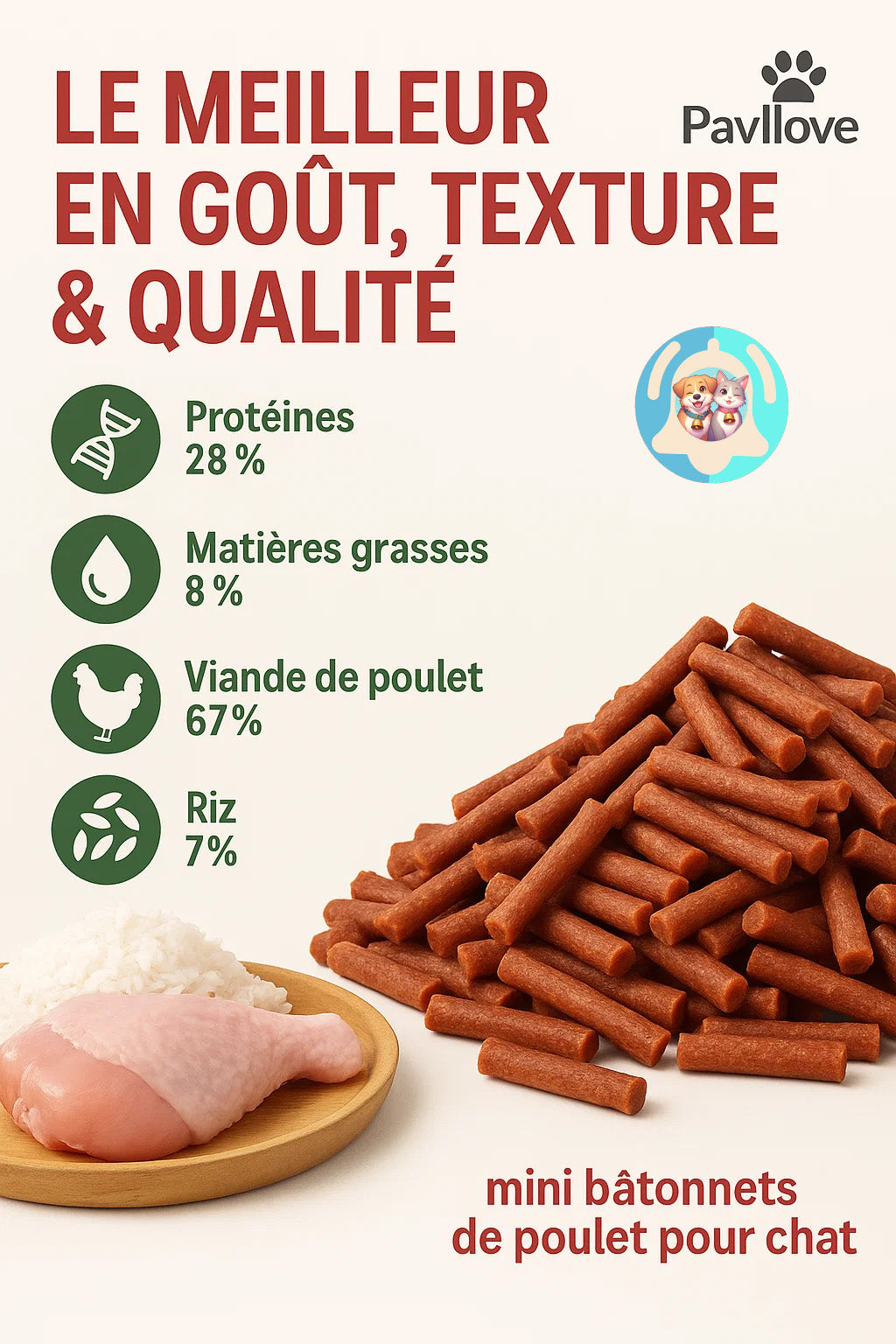 Chat dégustant un bâtonnet de poulet Pavllove, friandise saine, naturelle et fabriquée avec amour en France.