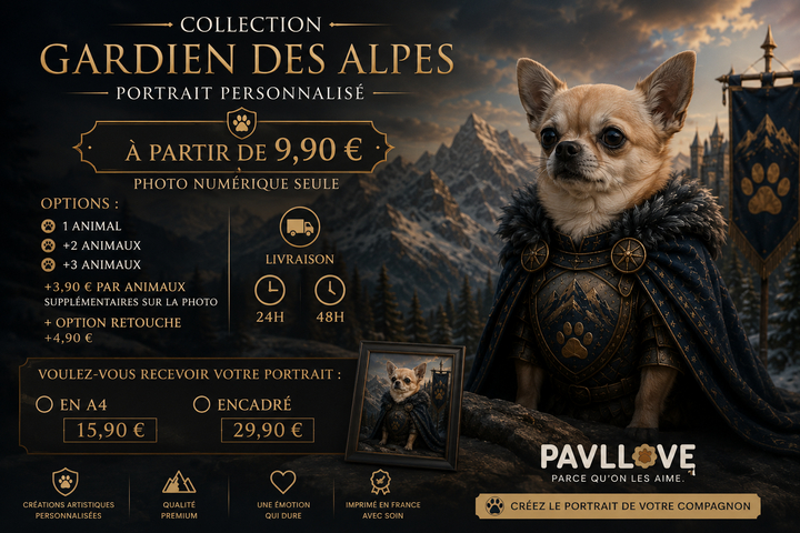 Portrait personnalisé de votre chien ou chat (Thème Gardien des Alpes)
