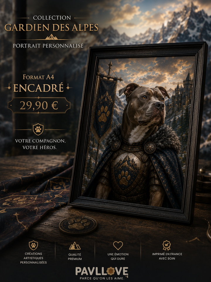 Portrait personnalisé de votre chien ou chat (Thème Gardien des Alpes)