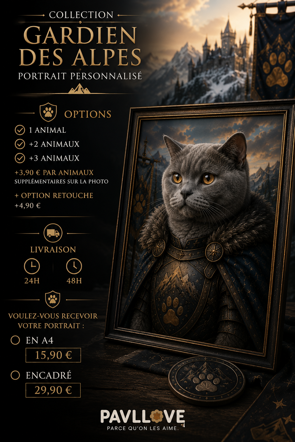 Portrait personnalisé de votre chien ou chat (Thème Gardien des Alpes)