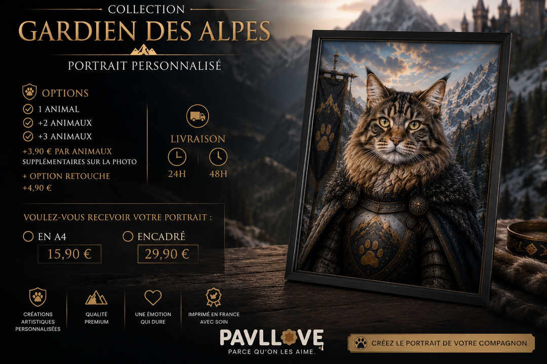 Portrait personnalisé de votre chien ou chat (Thème Gardien des Alpes)