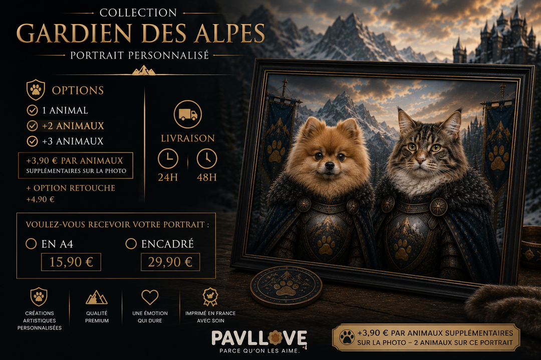 Portrait personnalisé de votre chien ou chat (Thème Gardien des Alpes)