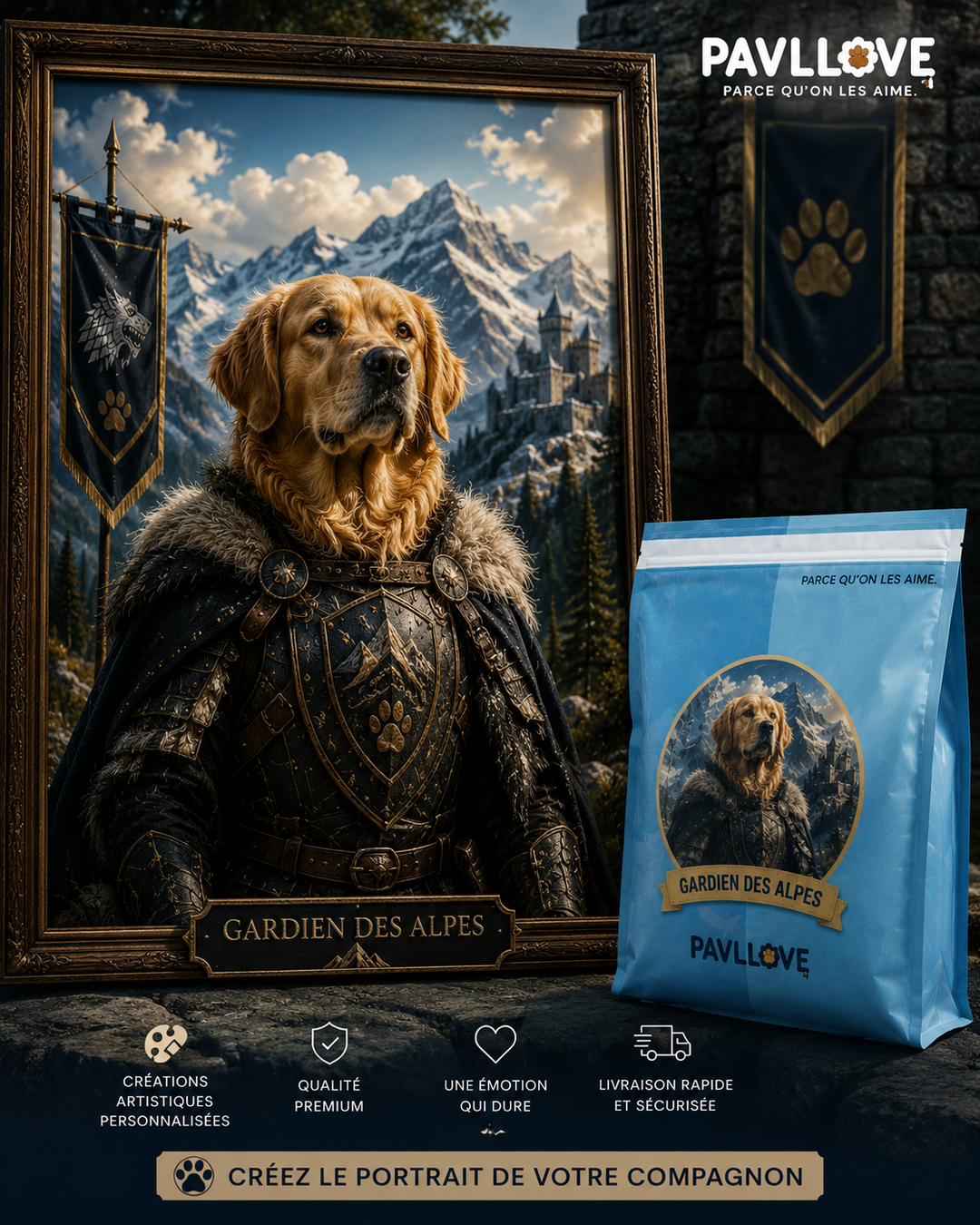 Portrait personnalisé de votre chien ou chat (Thème Gardien des Alpes)