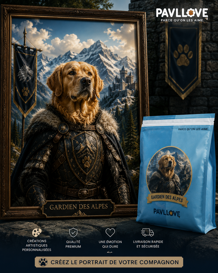 Portrait personnalisé de votre chien ou chat (Thème Gardien des Alpes)