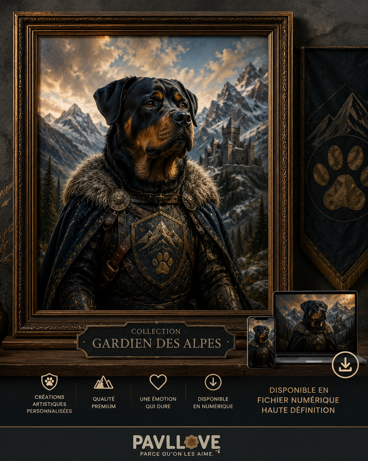 Portrait personnalisé de votre chien ou chat (Thème Gardien des Alpes)