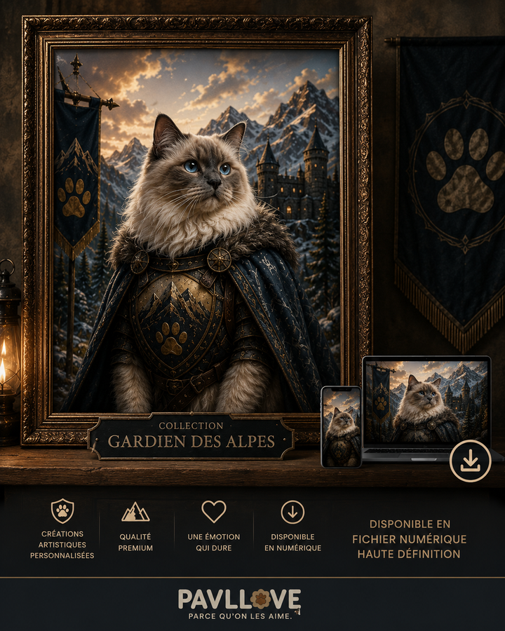 Portrait personnalisé de votre chien ou chat (Thème Gardien des Alpes)