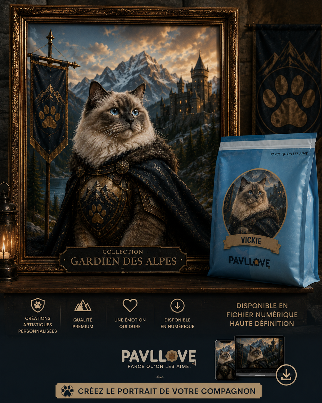 Portrait personnalisé de votre chien ou chat (Thème Gardien des Alpes)