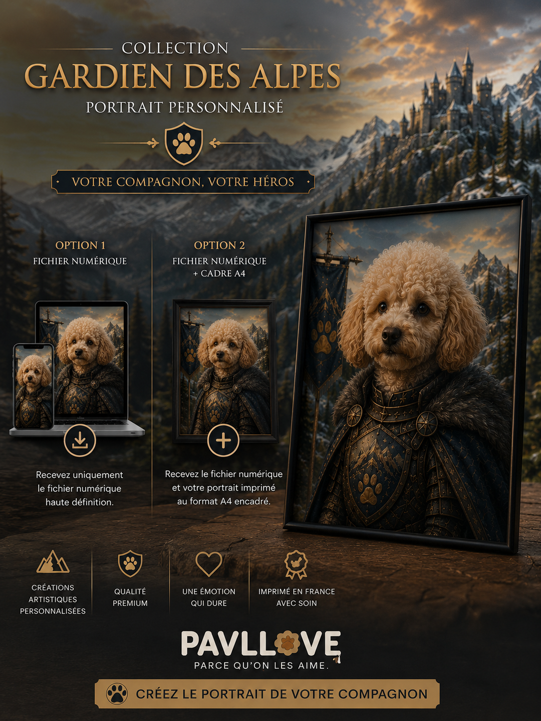 Portrait personnalisé de votre chien ou chat (Thème Gardien des Alpes)