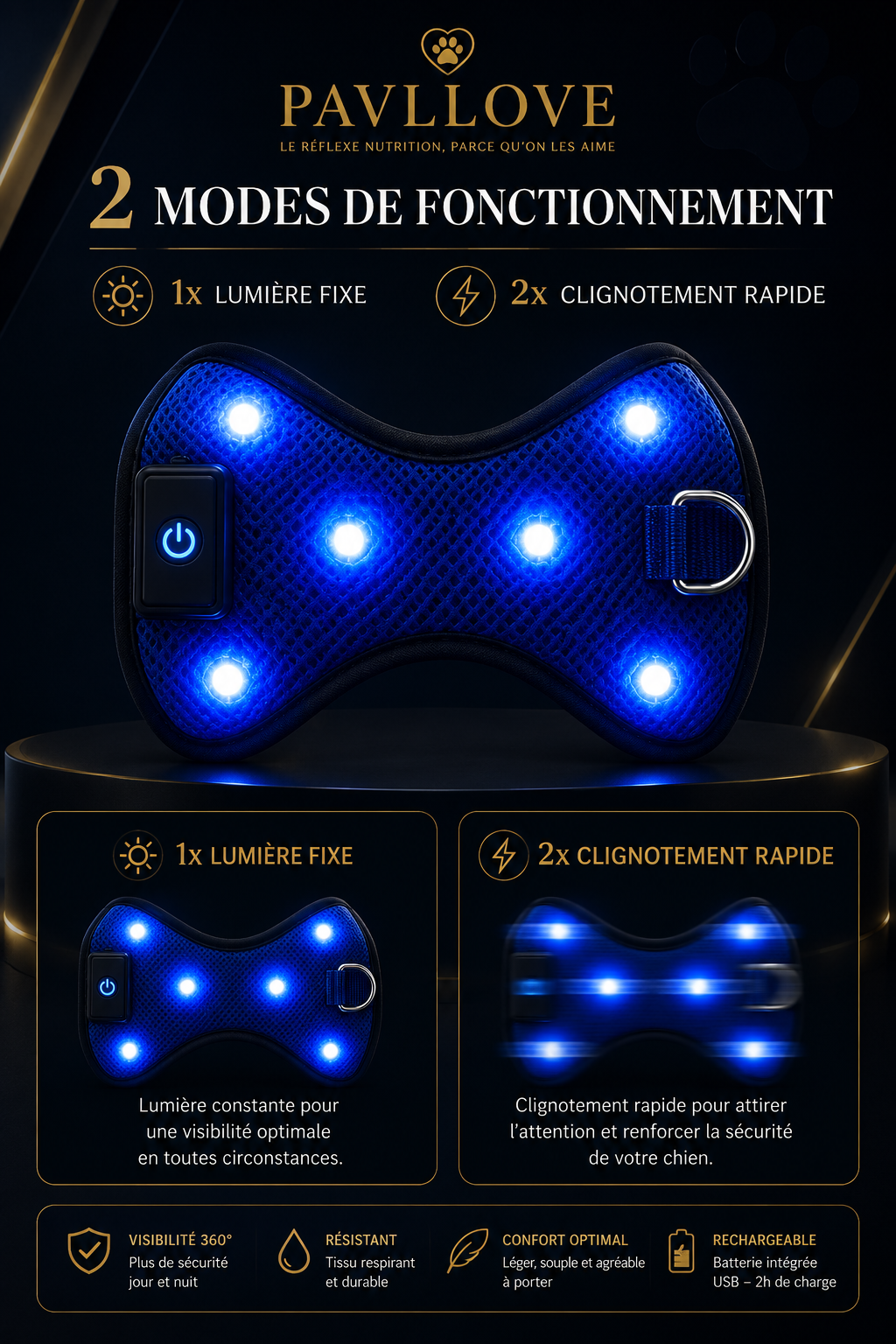Harnais LED Pavllove pour Chien Sécurité lumineuse, confort & haute visibilité