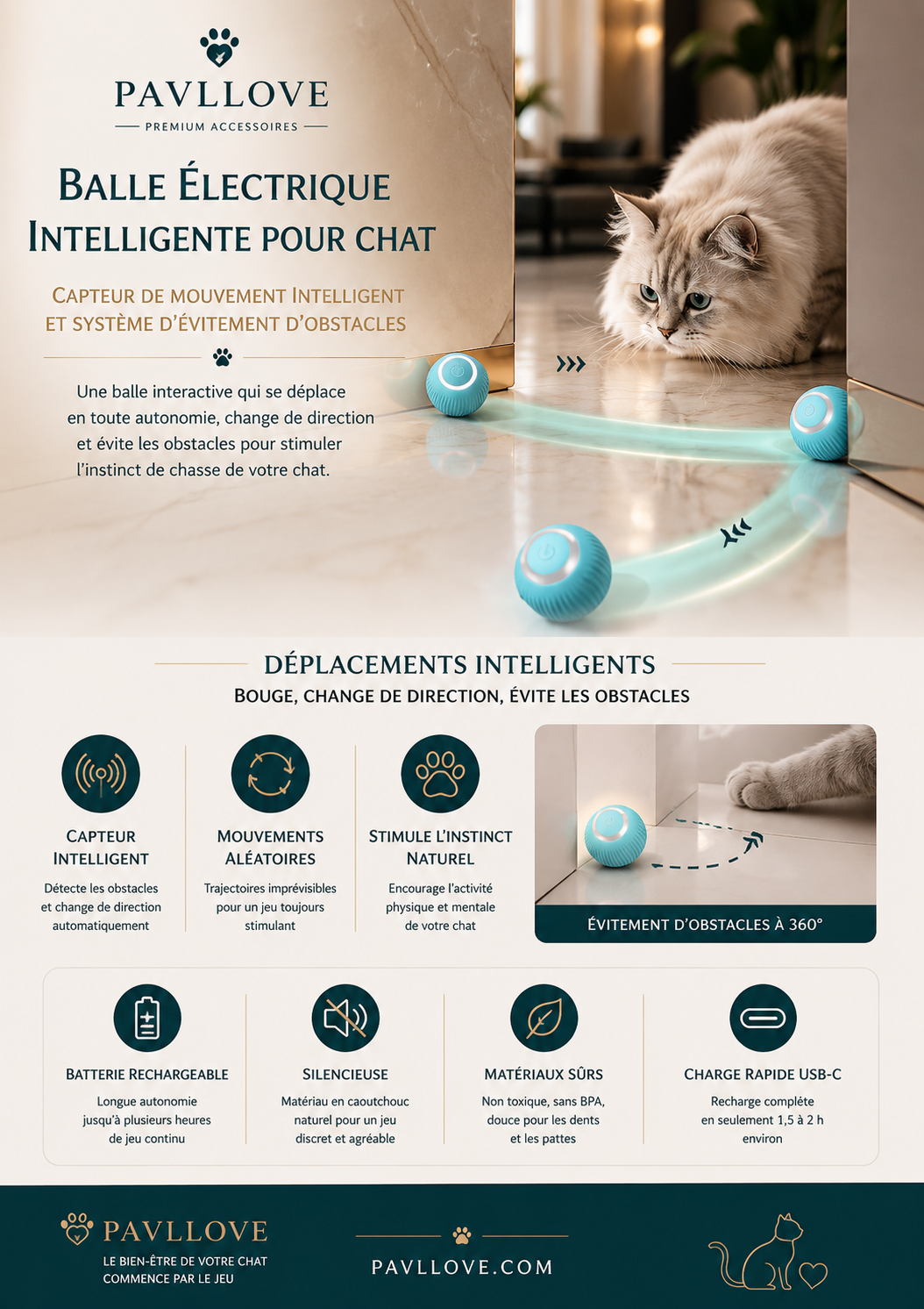 Balle automatique pour chat d’intérieur avec lumière LED colorée Pavllove