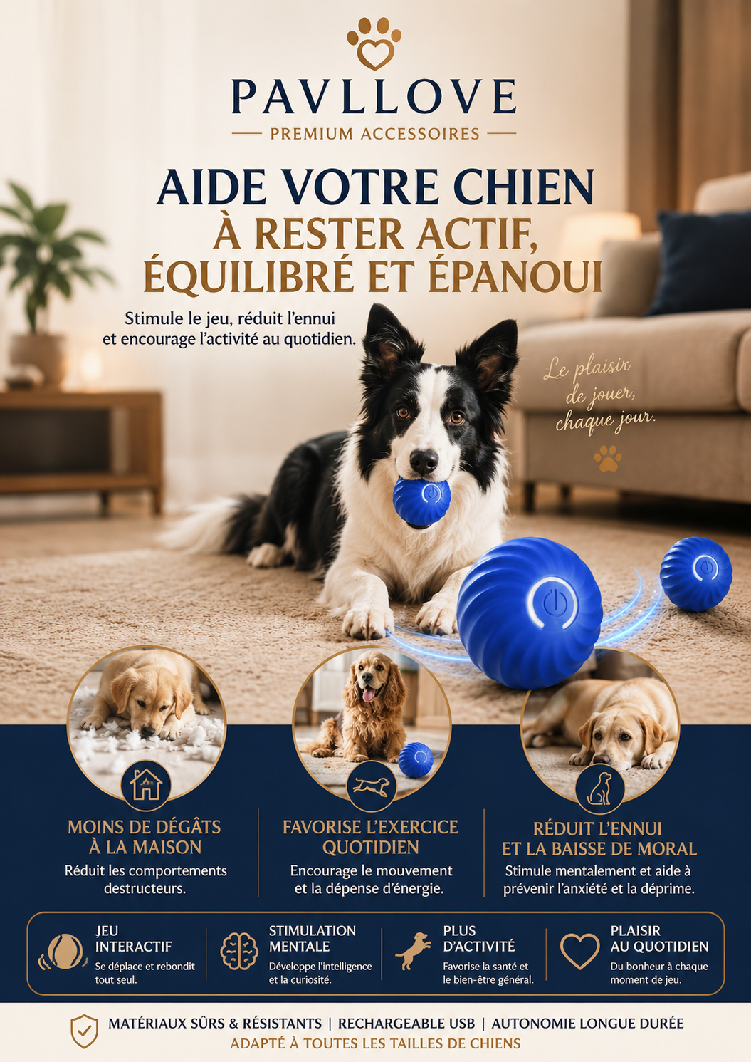 Jouet rechargeable pour chien avec balle rotative automatique en silicone