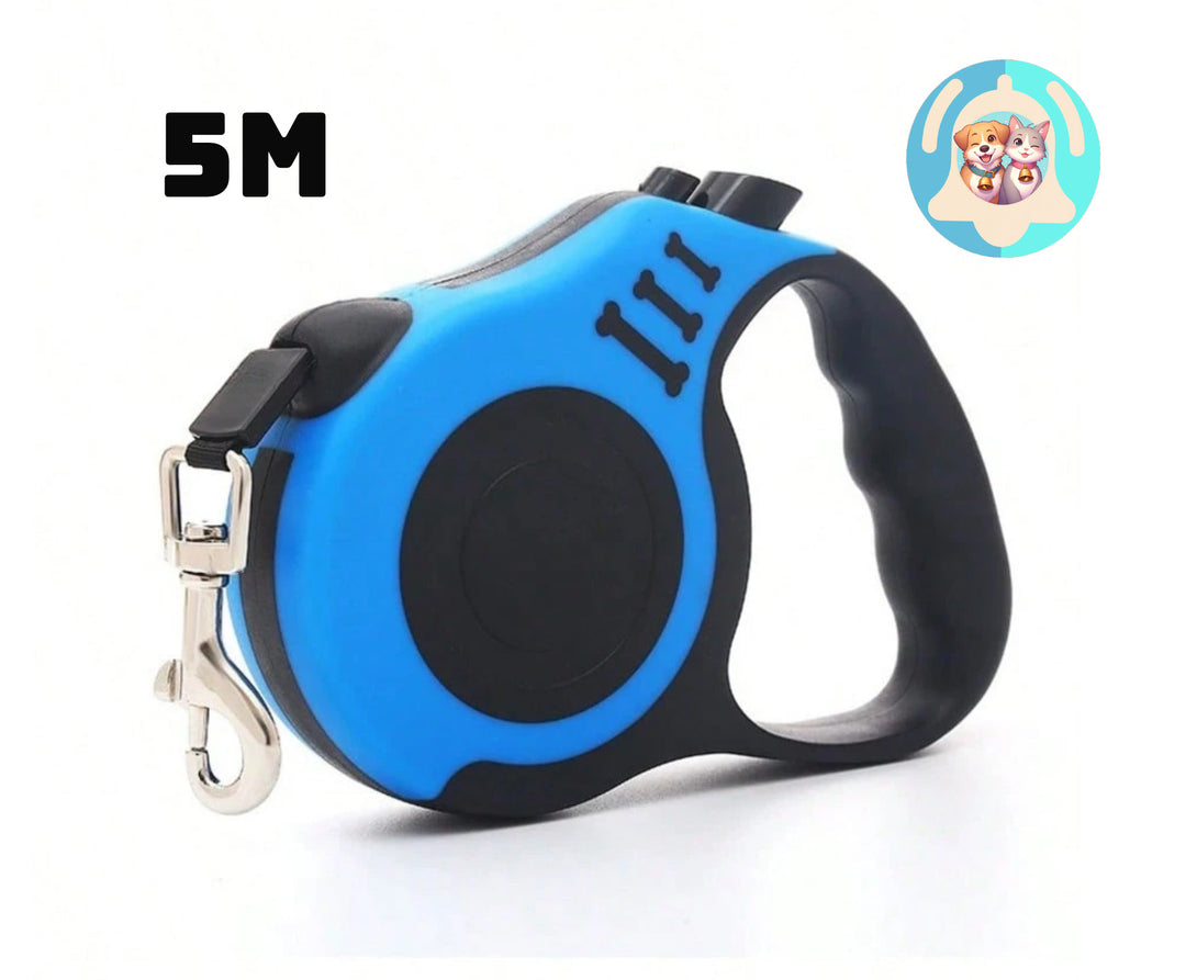 Photo d’une laisse enrouleur Pavllove de 5 mètres, poignée ergonomique et frein de sécurité intégré.