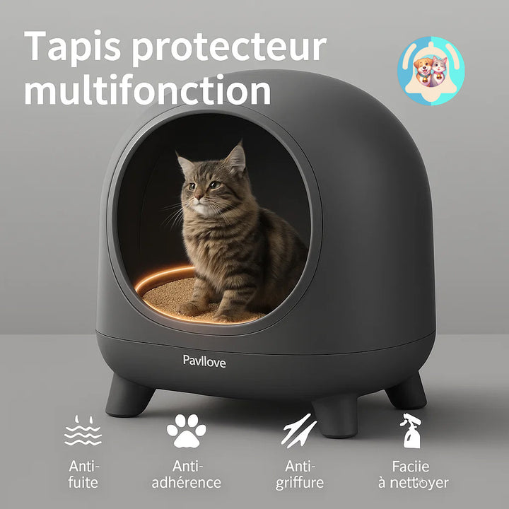Litière intelligente Pavllove, nettoyage automatique, capteurs de présence et application mobile intuitive.