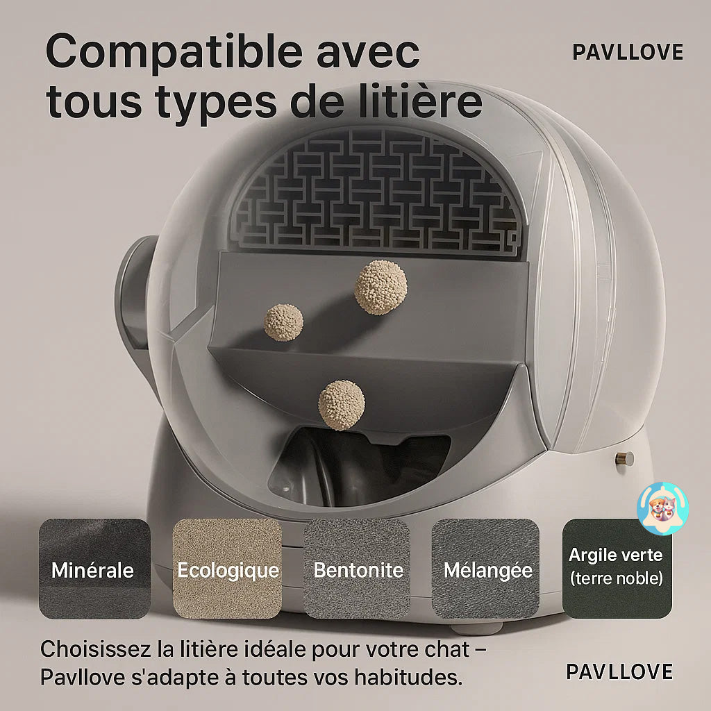 Litière automatique Pavllove, design luxueux, contrôle via smartphone et confort exceptionnel pour chat exigeant.