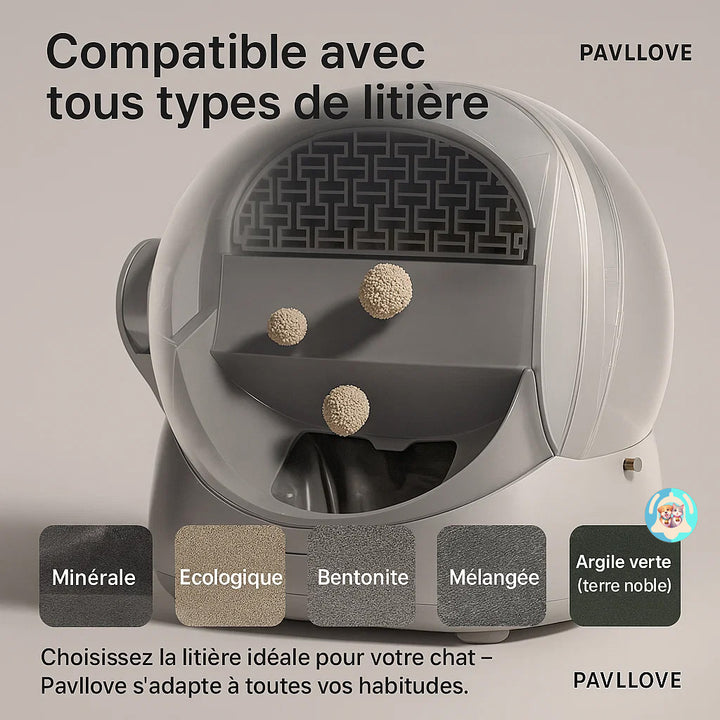 Litière automatique Pavllove, design luxueux, contrôle via smartphone et confort exceptionnel pour chat exigeant.