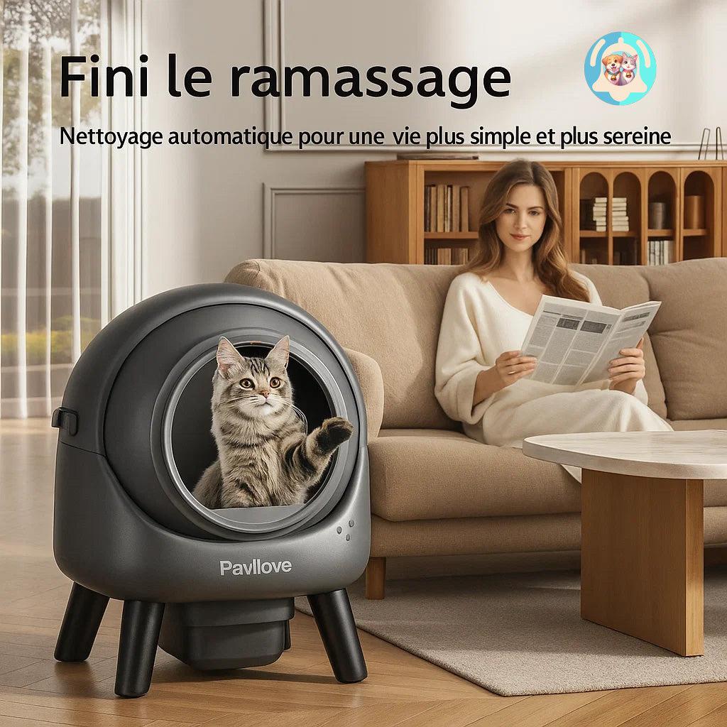 Pavllove litière autonettoyante avec 12 capteurs de sécurité, système anti-odeurs et nettoyage automatique.