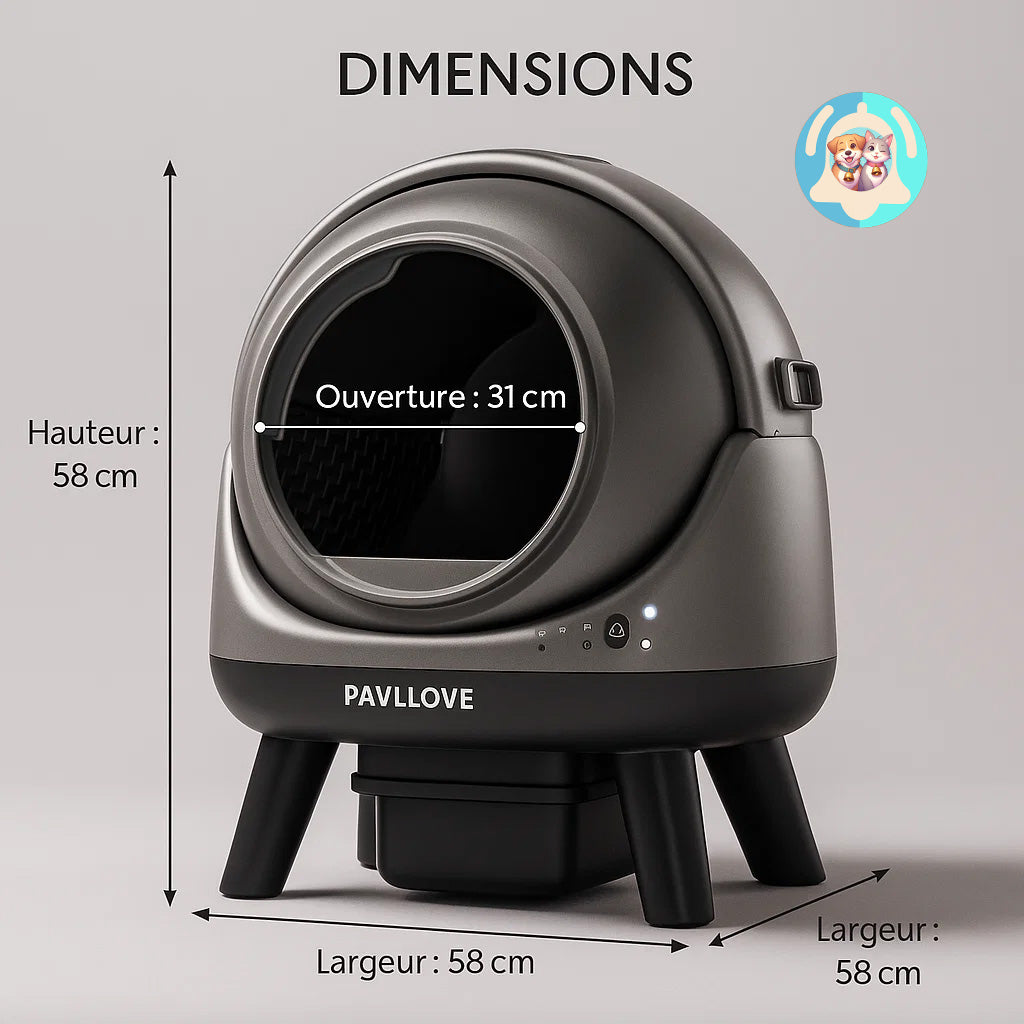 Litière connectée Pavllove pour chat, autonettoyante, silencieuse, avec capteurs intelligents et application mobile pour un confort maximal.