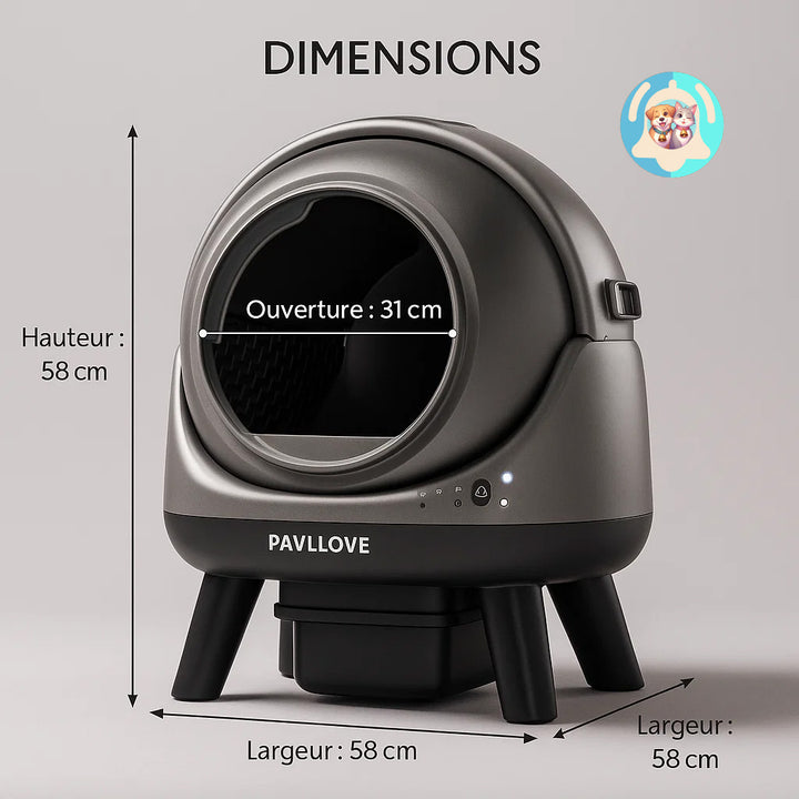 Litière connectée Pavllove pour chat, autonettoyante, silencieuse, avec capteurs intelligents et application mobile pour un confort maximal.