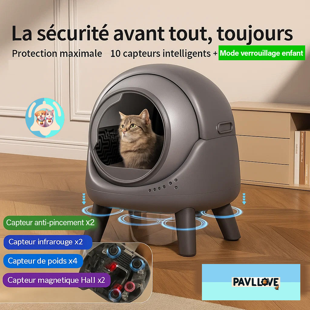 Photo d’une litière Pavllove haut de gamme pour chat, nettoyage automatique, contrôle à distance via appli et sécurité renforcée.