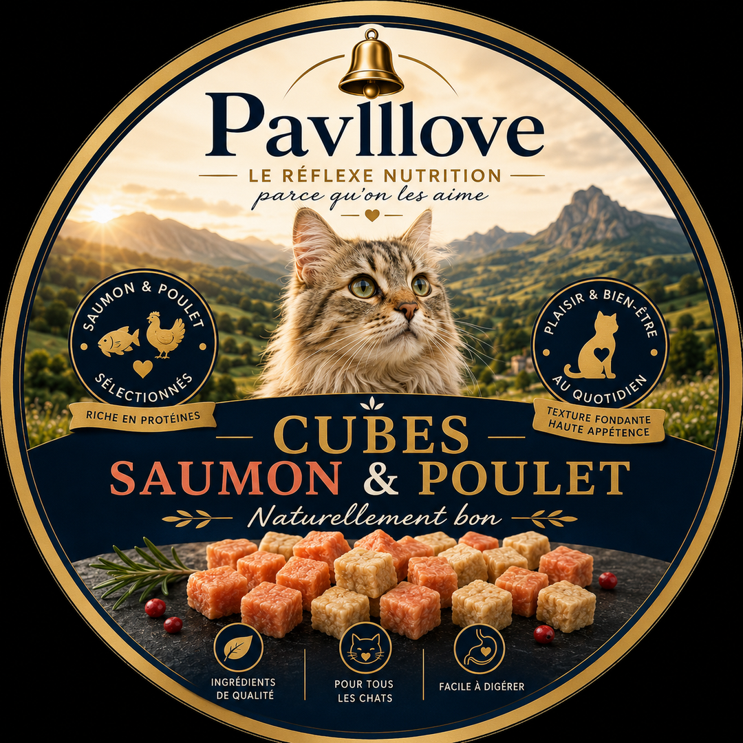 Cubes Poulet & Saumon pour chat 100g ⭐⭐⭐⭐⭐