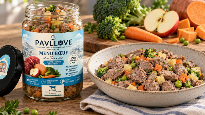 Repas complet pour chien façon maison Pavllove en bocal en verre avec viande et légumes