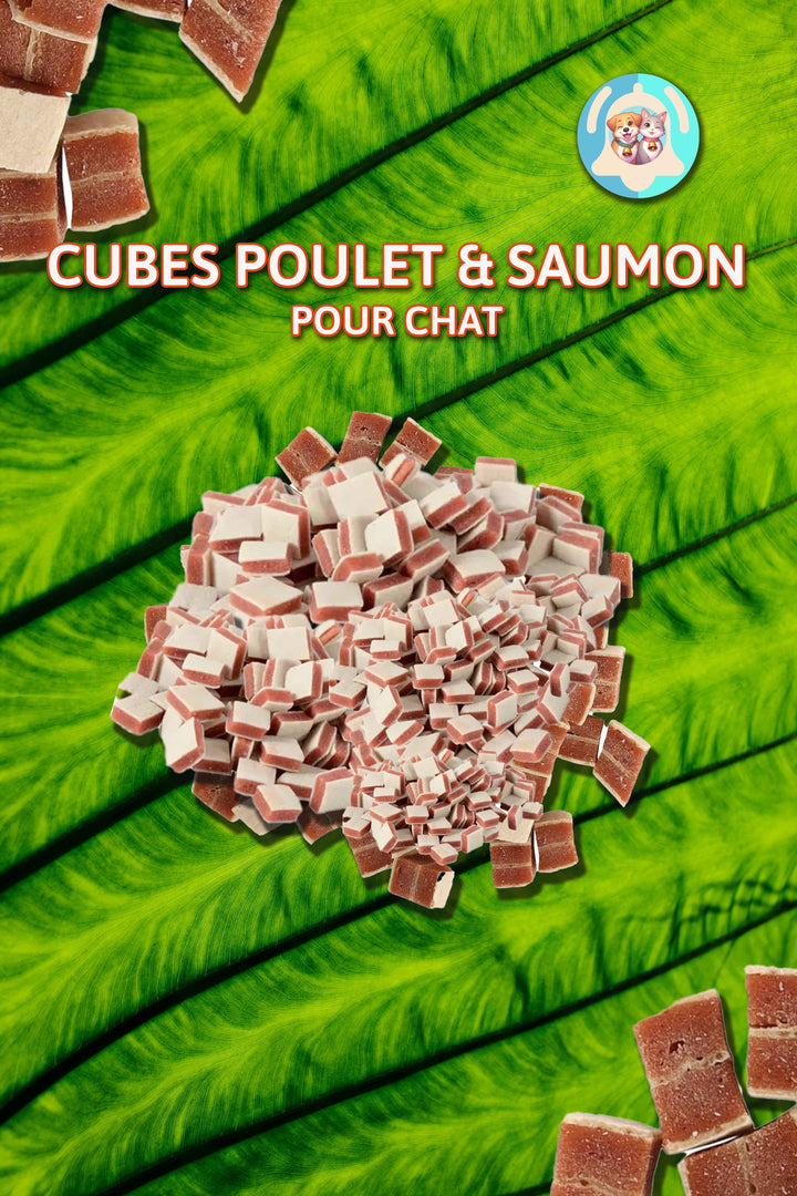 Friandises naturelles Pavllove, cubes de saumon et poulet, fabrication française, sachet 100 g.