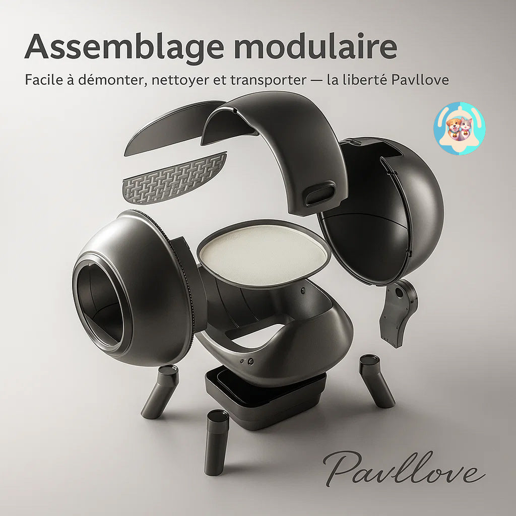 Litière autonettoyante Pavllove, sécurité renforcée, détection intelligente et confort hygiénique quotidien.