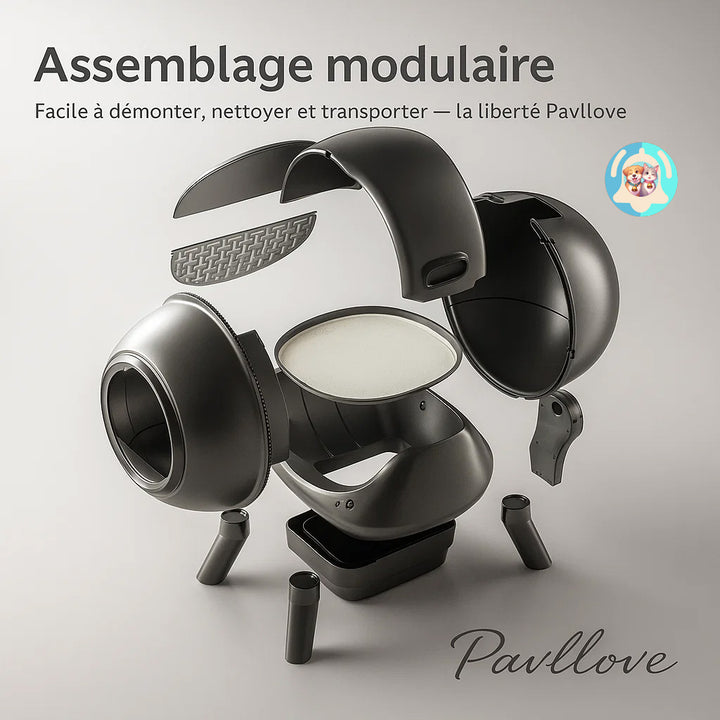Litière autonettoyante Pavllove, sécurité renforcée, détection intelligente et confort hygiénique quotidien.