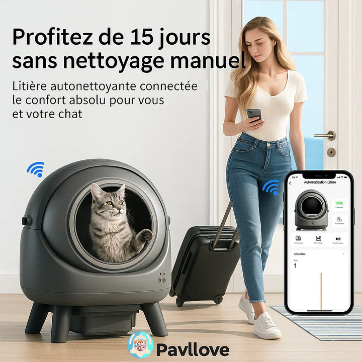 Litière connectée Pavllove haut de gamme, autonettoyante et sûre, conçue pour chats et chatons de toutes races.