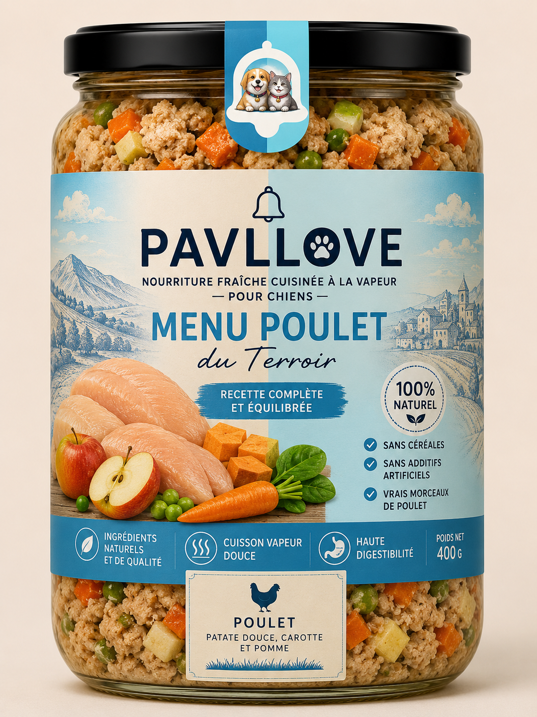 Plat cuisiné (400g) au Poulet pour chien  Repas complet sans céréales Pavllove®  ⭐⭐⭐⭐⭐