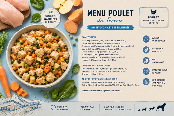 Plat cuisiné (400g) au Poulet pour chien  Repas complet sans céréales Pavllove®  ⭐⭐⭐⭐⭐