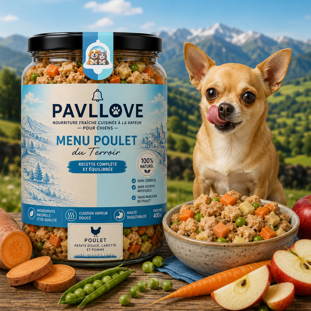 Plat cuisiné (400g) au Poulet pour chien  Repas complet sans céréales Pavllove®  ⭐⭐⭐⭐⭐
