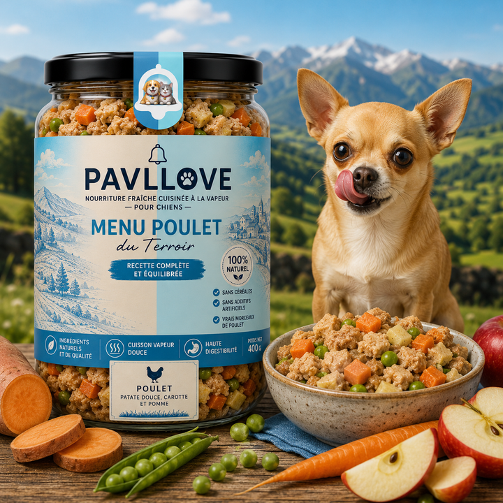 Plat cuisiné (400g) au Poulet pour chien  Repas complet sans céréales Pavllove®  ⭐⭐⭐⭐⭐