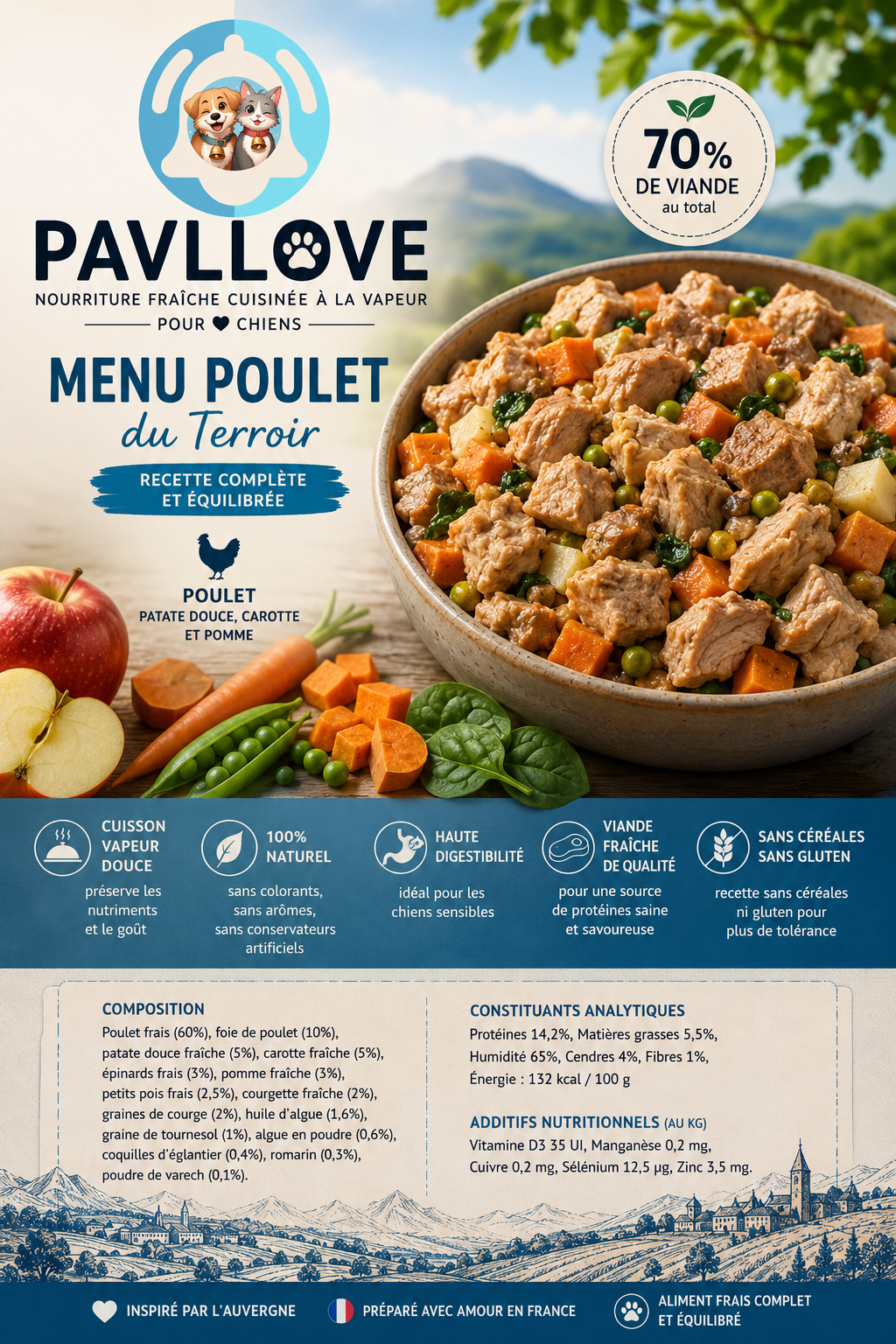 Plat cuisiné (400g) au Poulet pour chien  Repas complet sans céréales Pavllove®  ⭐⭐⭐⭐⭐
