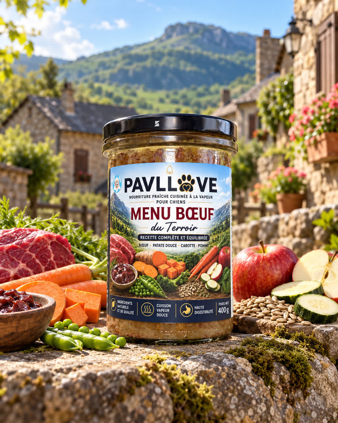 Plats cuisinés pour chien PAVLLOVE en bocaux de verre de 400 g, recettes façon maison au bœuf, poulet et saumon avec patate douce.
