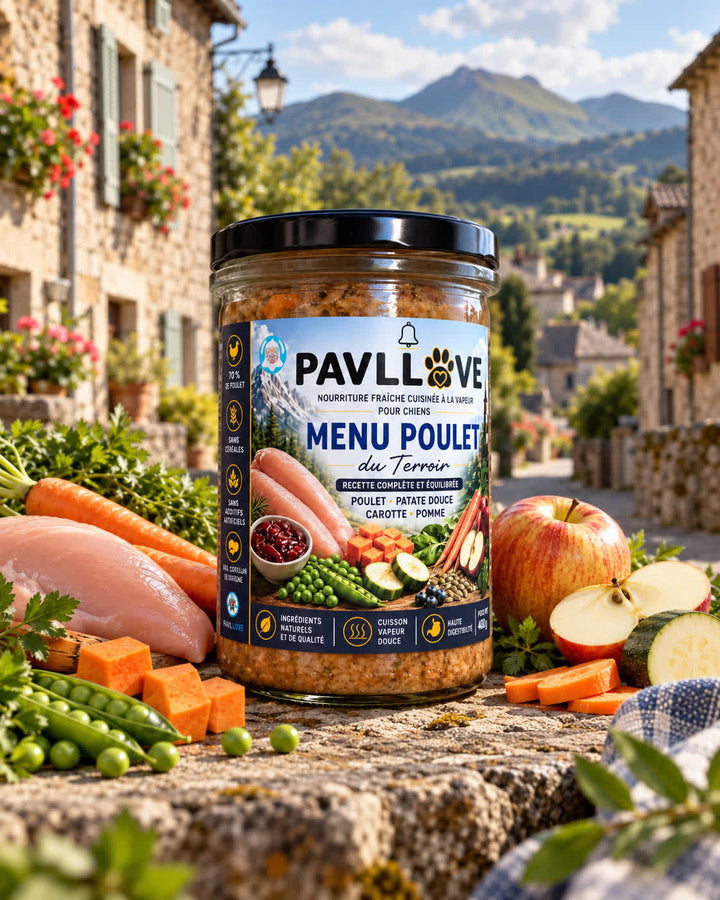 Assortiment de repas préparés pour chiens PAVLLOVE, trois recettes cuisinées au bœuf, poulet et saumon présentées en bocaux de 400 g.