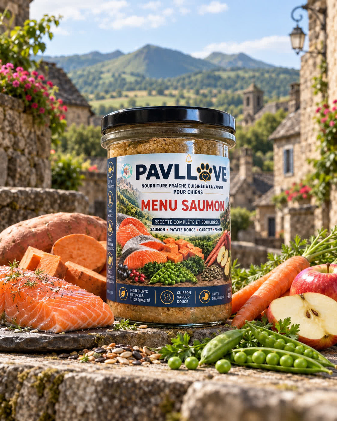 Bocaux de plats cuisinés PAVLLOVE pour chiens, inspirés de recettes traditionnelles à base de viande, poisson et patate douce.