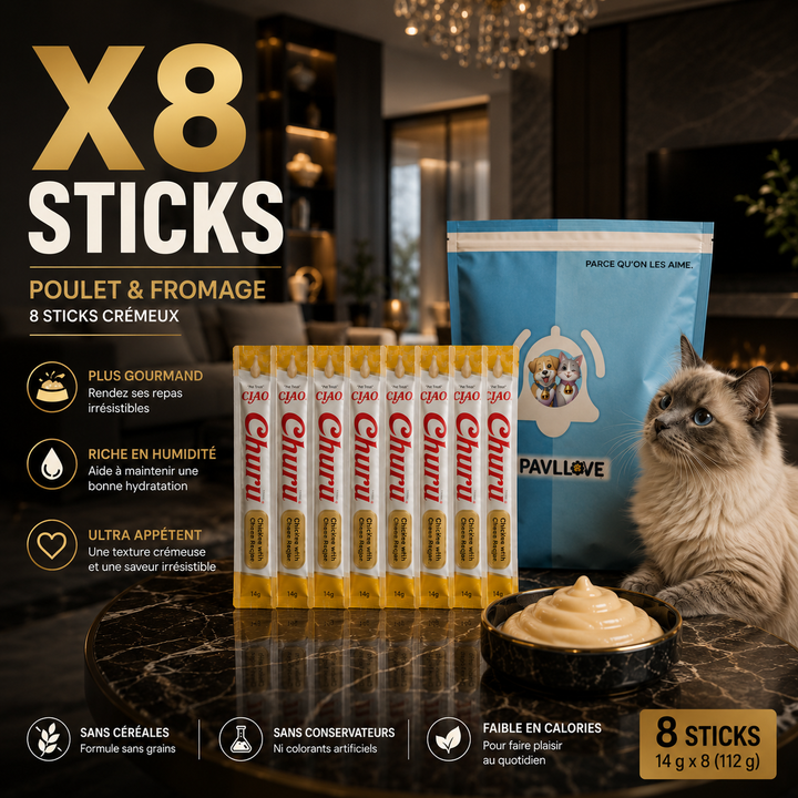 Friandise crémeuse pour chat poulet fromage Churu en stick individuel 14 g