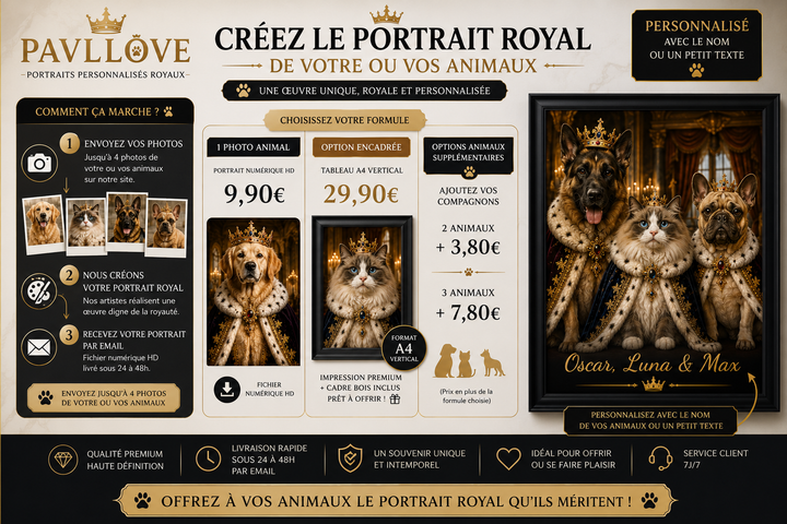 Portrait personnalisé de votre chien ou chat (Thème Royal)