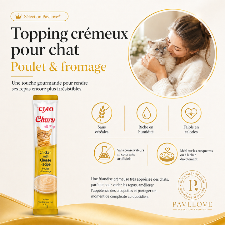 Friandise humide pour chat Churu poulet fromage idéale comme topping repas