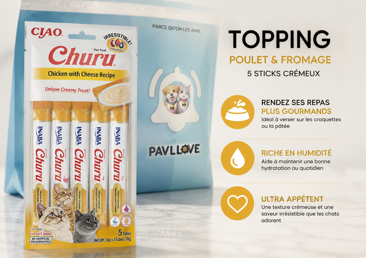 Crème à lécher pour chat saveur poulet fromage en stick Churu 14 grammes