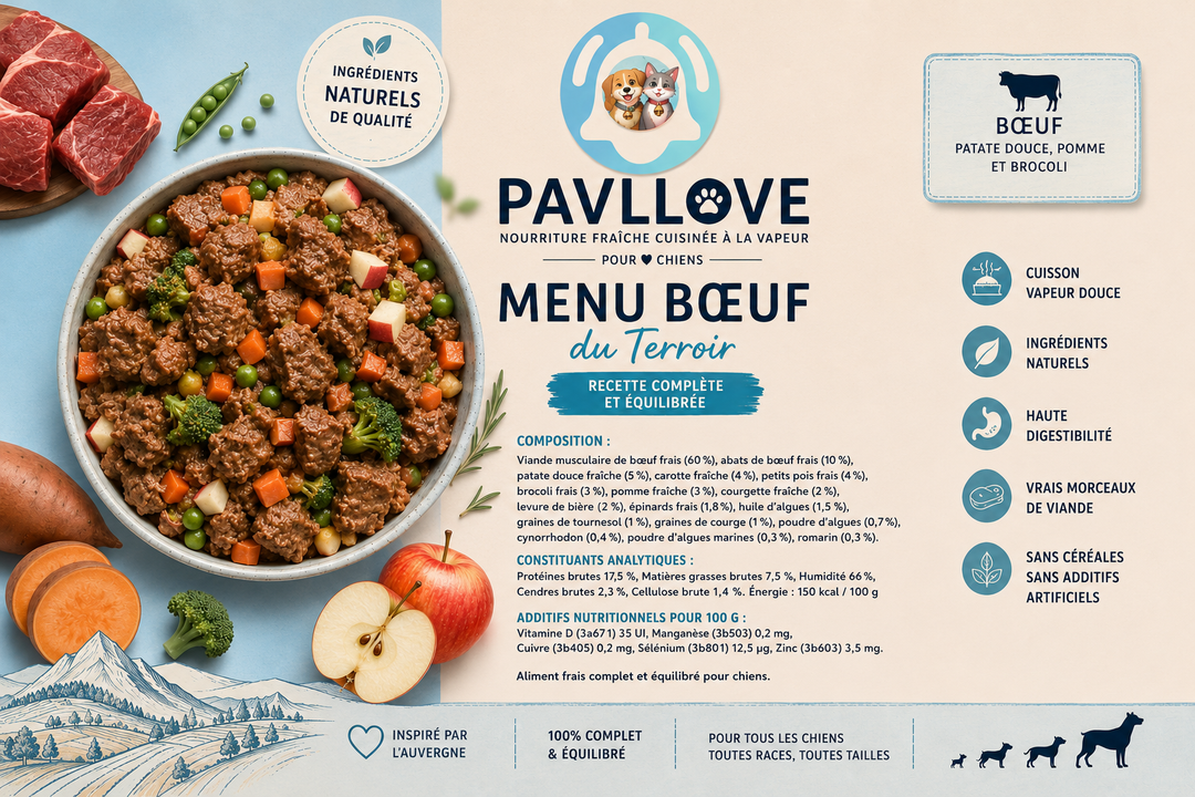 Aliment complet premium pour chien au bœuf 400 g, sans céréales, haute digestibilité, PAVLLOVE®.