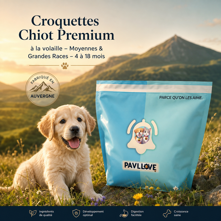 Croquettes chiot premium à la volaille Pavllove pour moyennes et grandes races de 4 à 18 mois, fabriquées en Auvergne