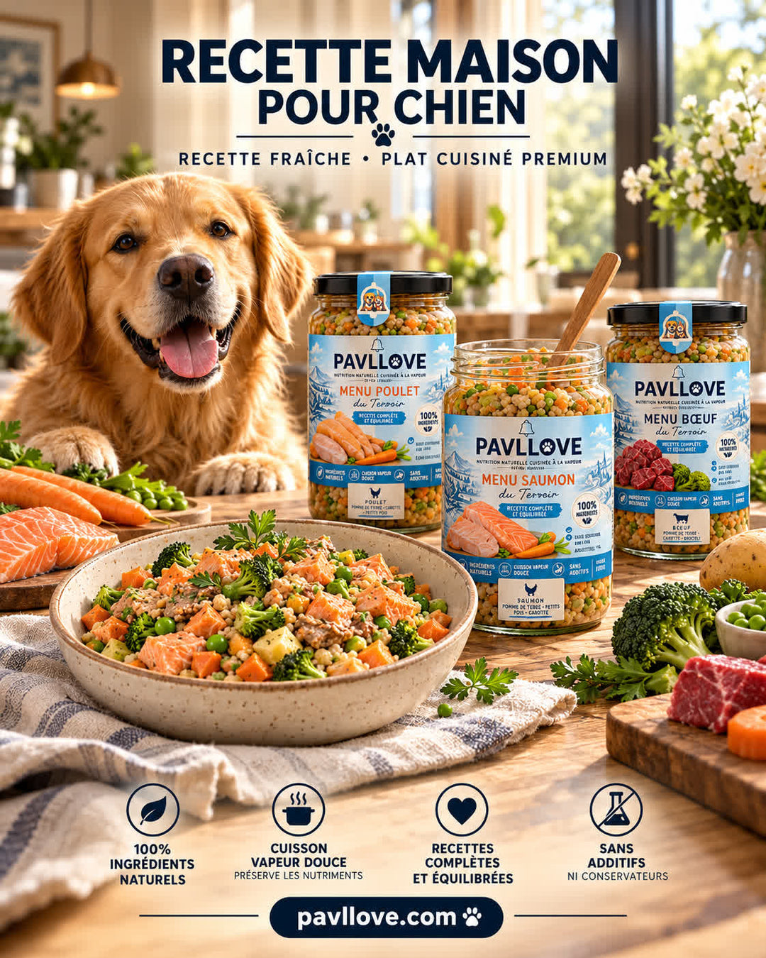 Recette maison pour chien au bœuf Pavllove servie dans une assiette avec bocal en verre de 400 g